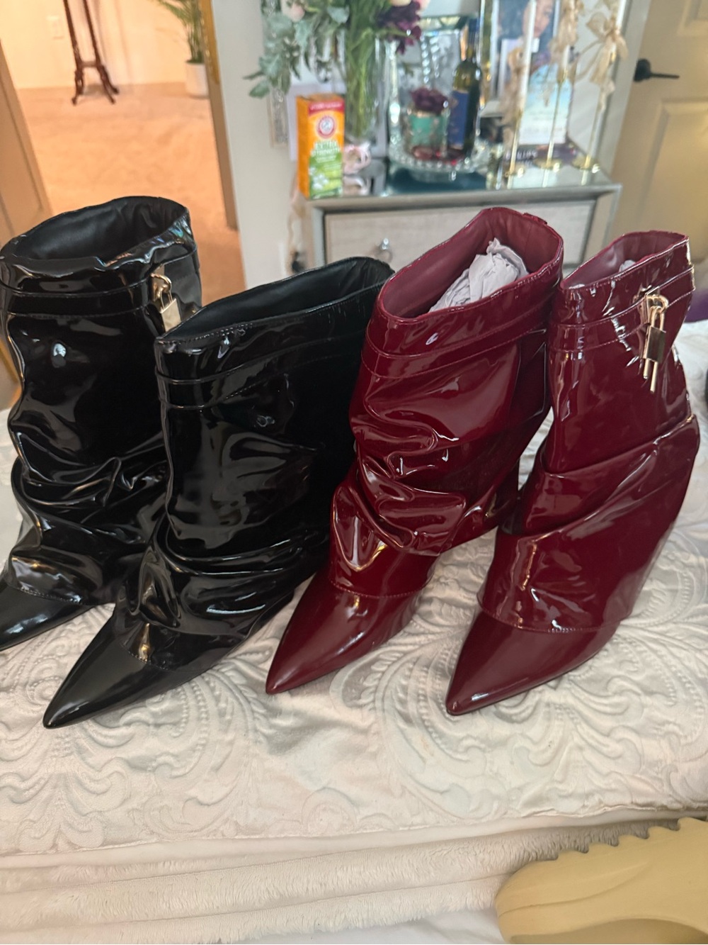 Patent Pointed-Toe Slouch Ankle Booties in Black and Burgundy